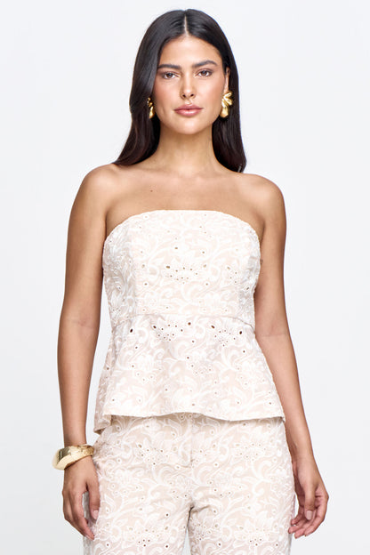 Blusa Peplum Tomara que Caia Voil Bordado Marfim