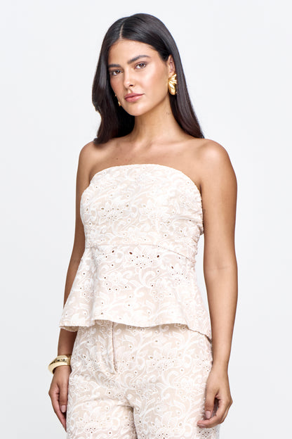 Blusa Peplum Tomara que Caia Voil Bordado Marfim