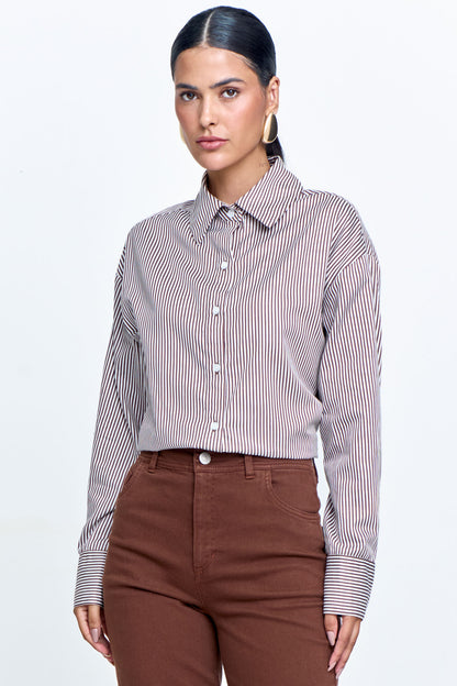 Camisa Tricoline Listrada em Fio Tinto Marrom