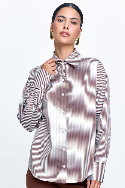 Camisa Tricoline Listrada em Fio Tinto Marrom