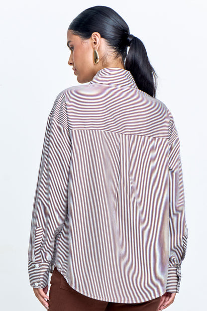 Camisa Tricoline Listrada em Fio Tinto Marrom