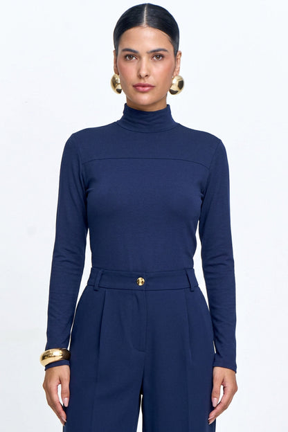 Blusa Malha Canelada Gola Alta Recorte Frontal