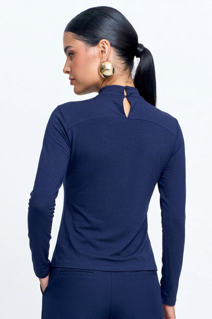 Blusa Malha Canelada Gola Alta Recorte Frontal