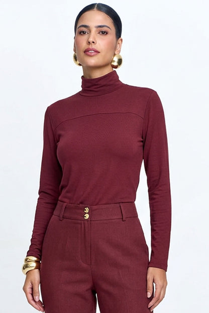 Blusa Malha Canelada Gola Alta Recorte Frontal