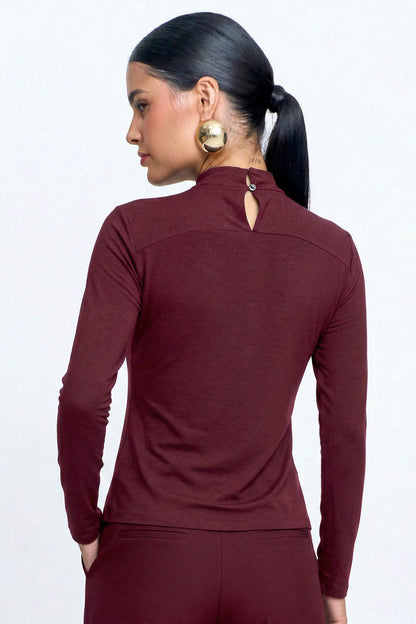 Blusa Malha Canelada Gola Alta Recorte Frontal