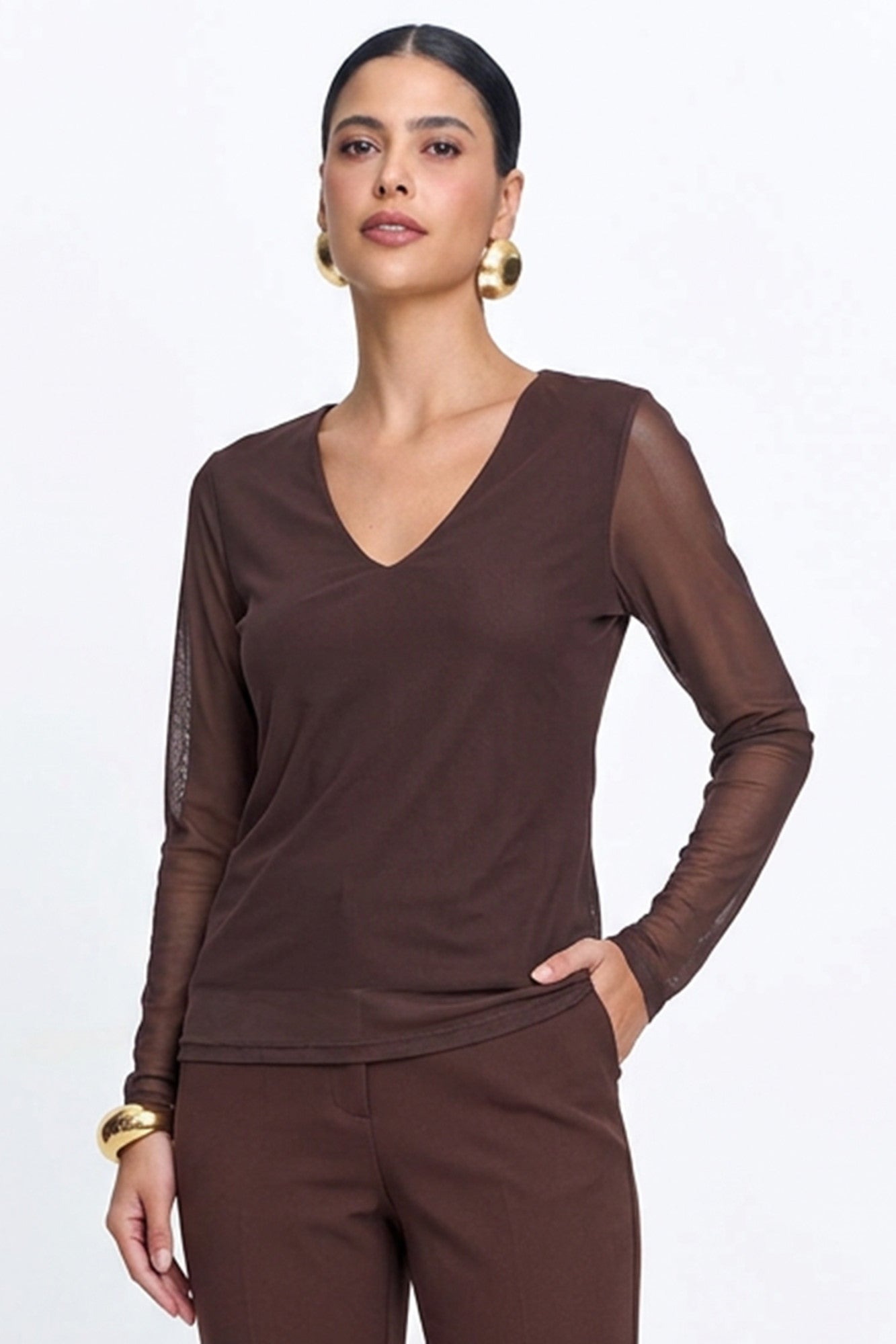 Blusa Tule com Manga Longa e Decote em V