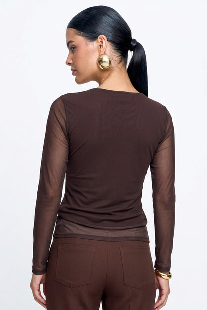 Blusa Tule com Manga Longa e Decote em V
