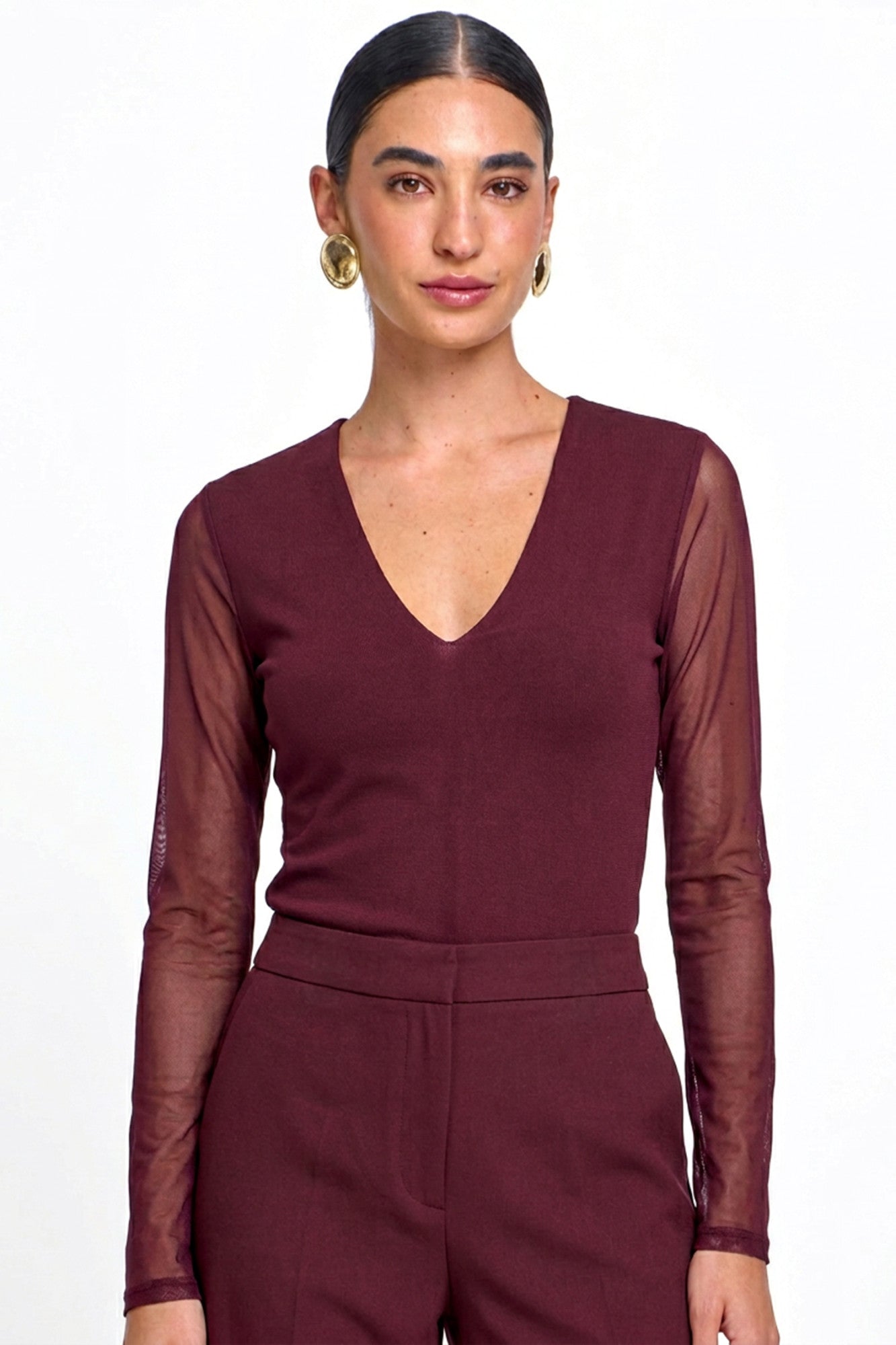 Blusa Tule com Manga Longa e Decote em V
