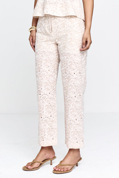 Calça Feminina Voil Bordado Marfim