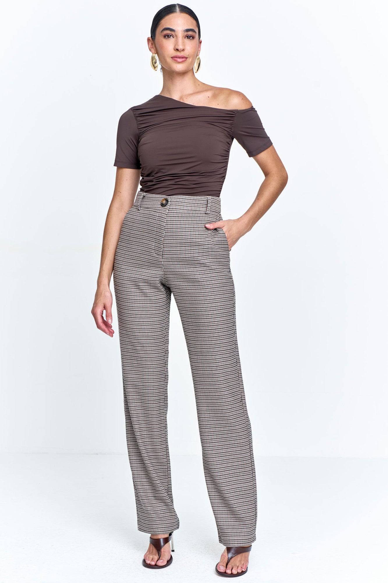 Calça Alfaiataria Pied Poule com Bolso Faca Bege