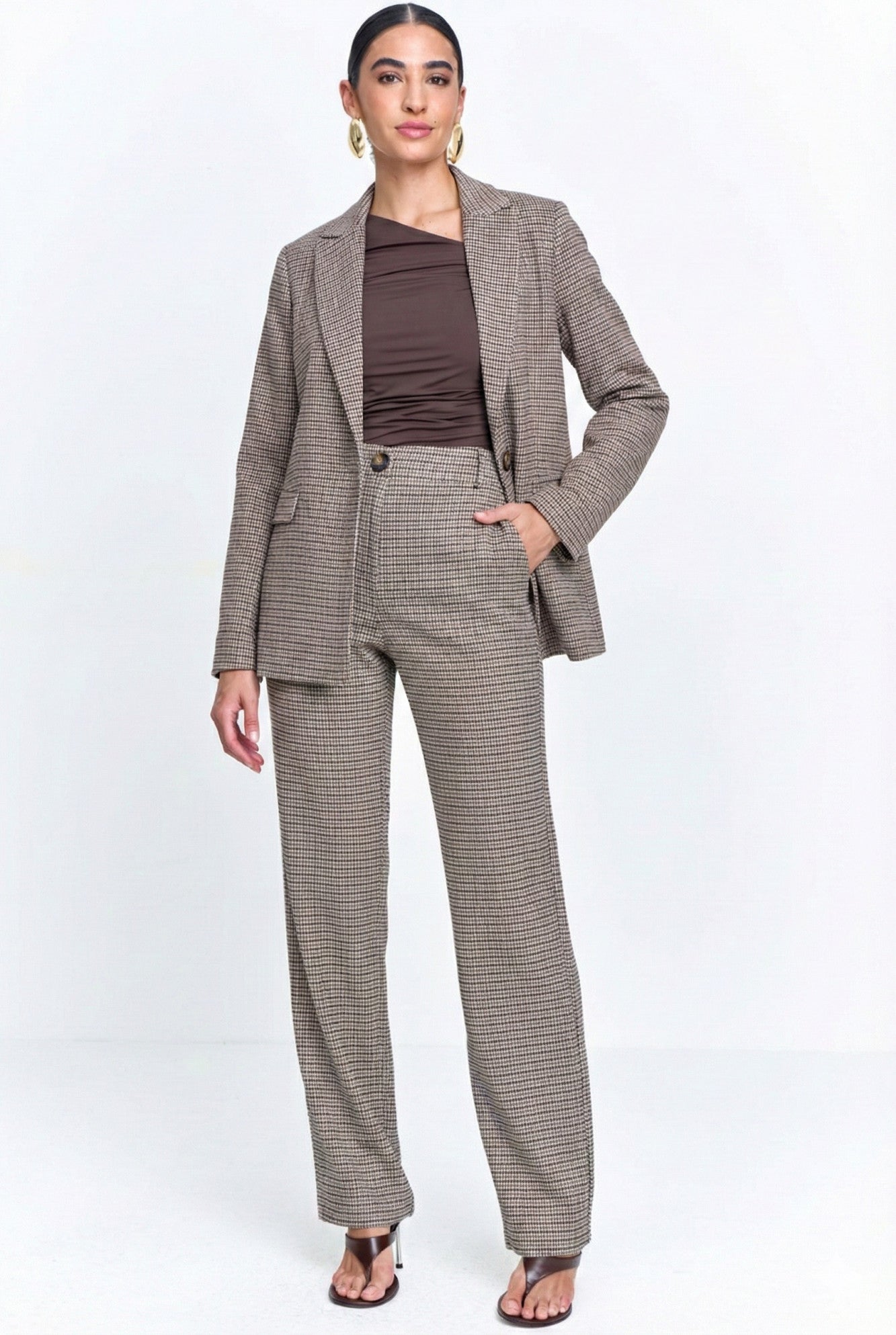 Calça Alfaiataria Pied Poule com Bolso Faca Bege