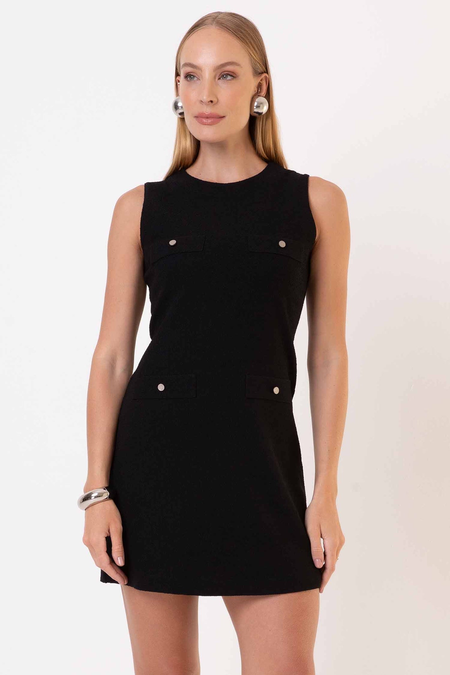 Vestido Malha Tweed Detalhe Botão na Frente
