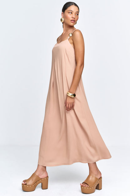 Vestido Longo Viscose com Detalhe Passante nas Alças Mocha