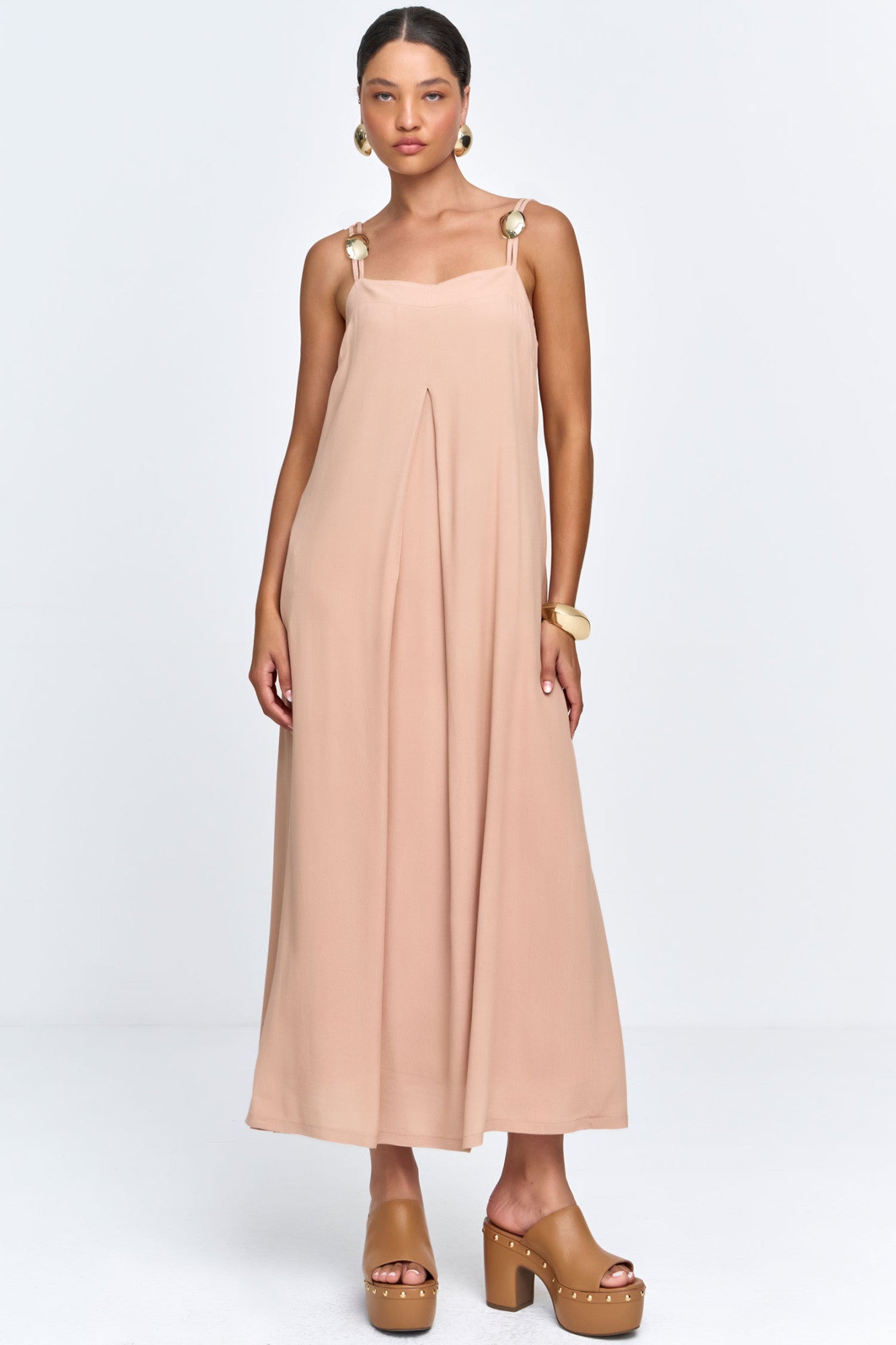 Vestido Longo Viscose com Detalhe Passante nas Alças Mocha