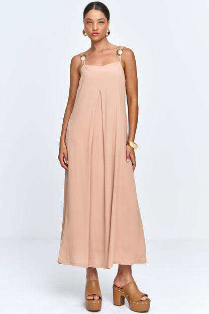 Vestido Longo Viscose com Detalhe Passante nas Alças Mocha