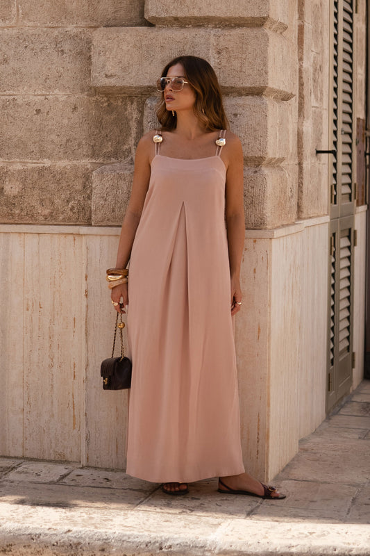 Vestido Longo Viscose com Detalhe Passante nas Alças Mocha