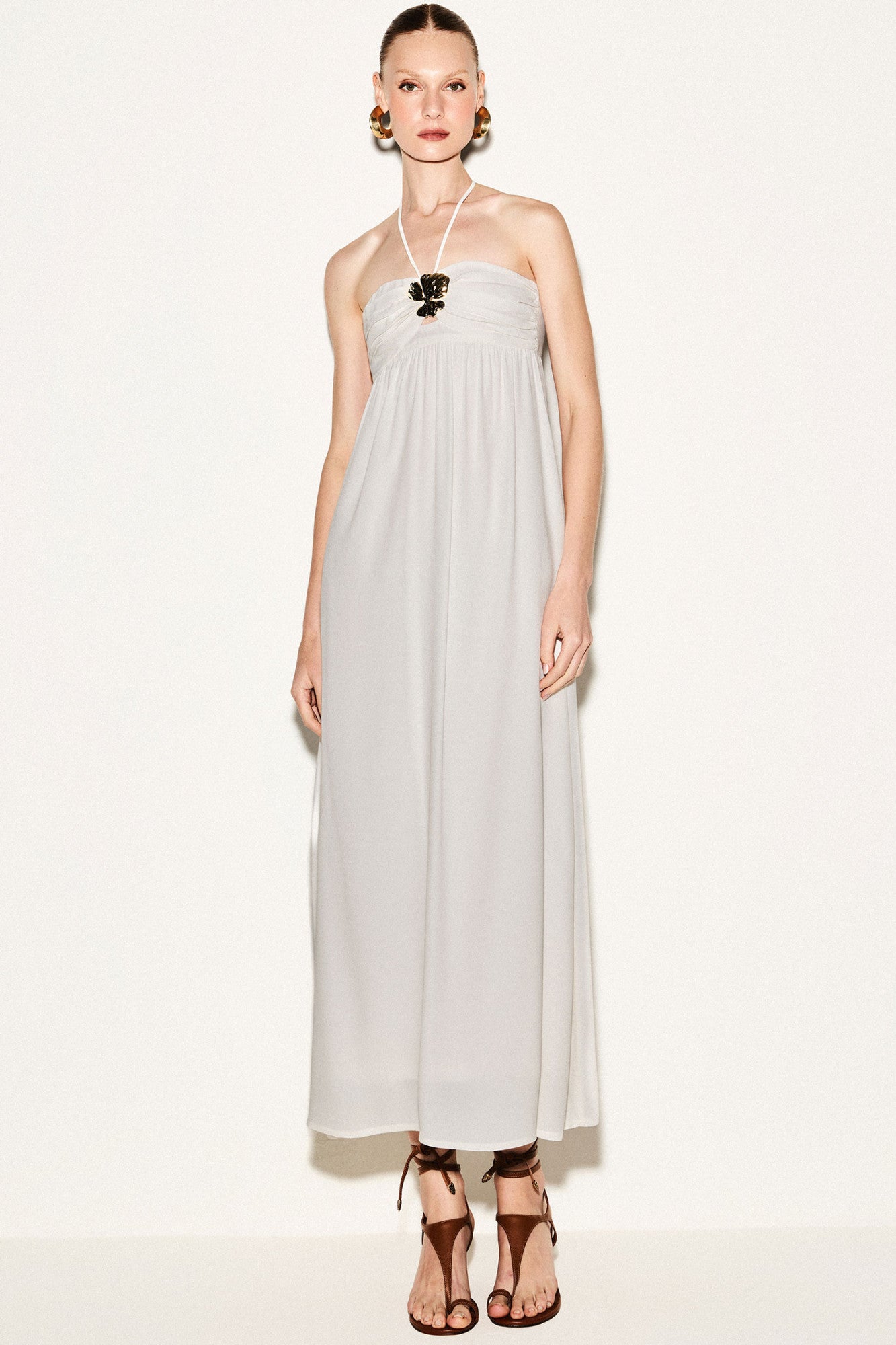 Vestido Viscose com Busto Franzido e Frente única Off White