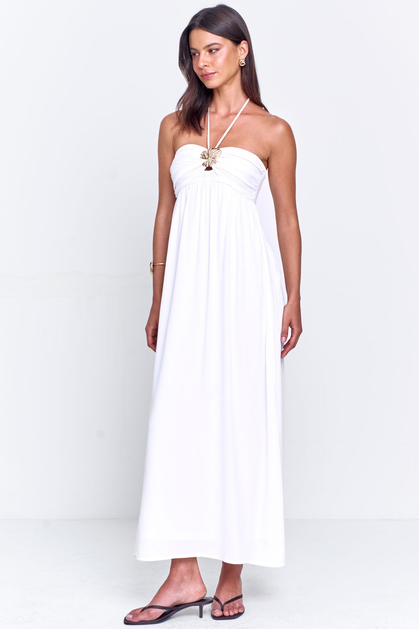 Vestido Viscose com Busto Franzido e Frente única Off White