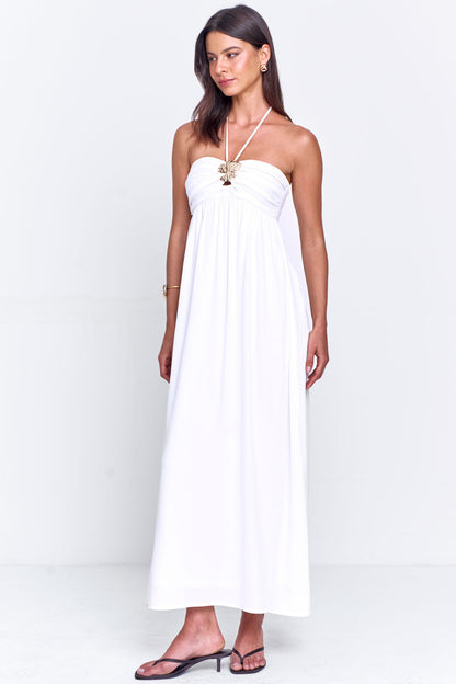 Vestido Viscose com Busto Franzido e Frente única Off White