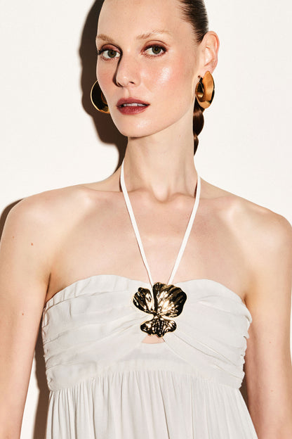 Vestido Viscose com Busto Franzido e Frente única Off White