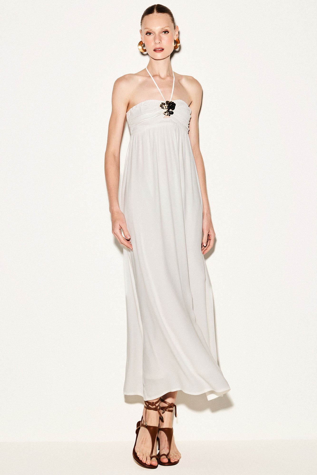 Vestido Viscose com Busto Franzido e Frente única Off White