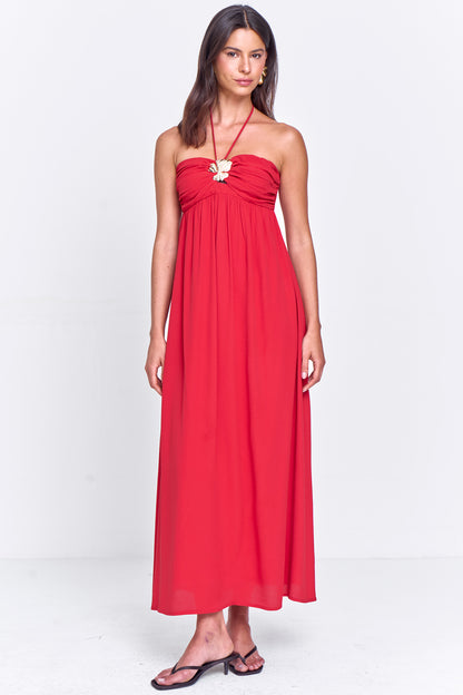 Vestido Viscose com Busto Franzido e Frente única Vermelho