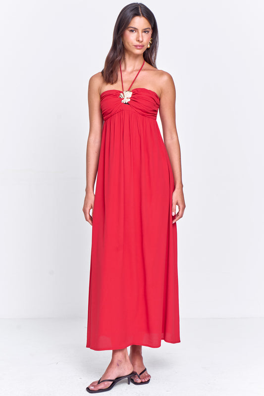 Vestido Viscose com Busto Franzido e Frente única Vermelho