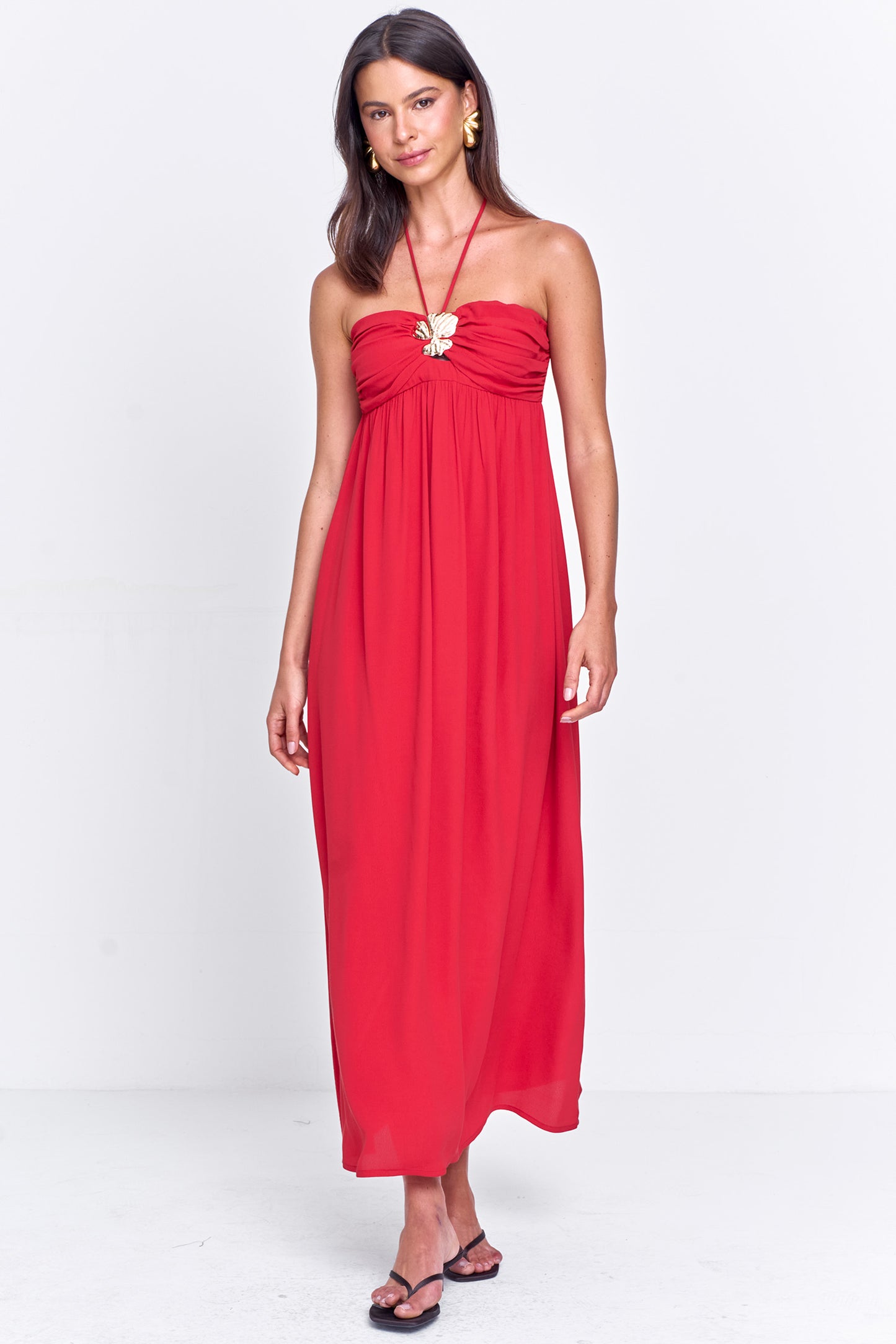 Vestido Viscose com Busto Franzido e Frente única Vermelho