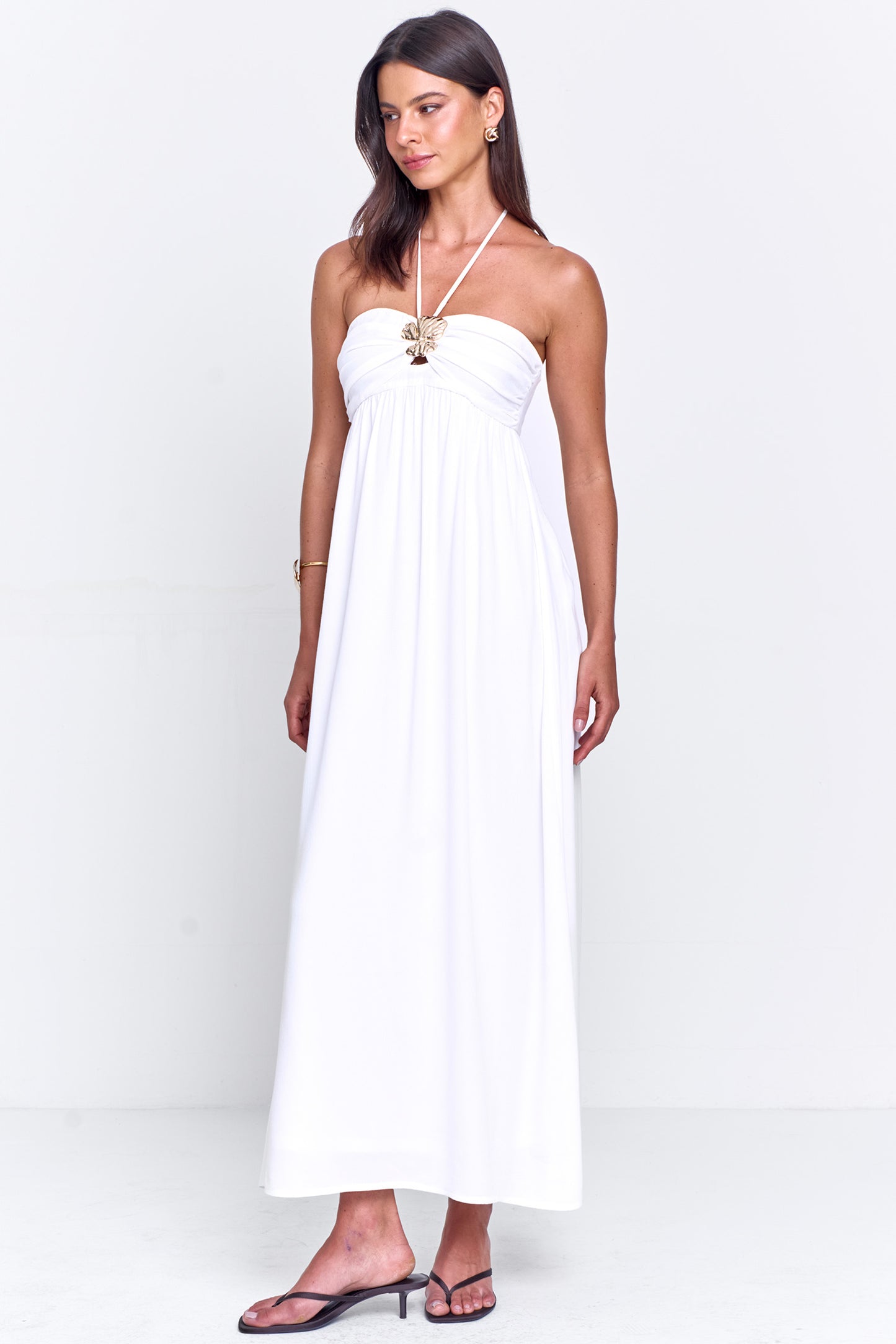 Vestido Viscose com Busto Franzido e Frente única Off White