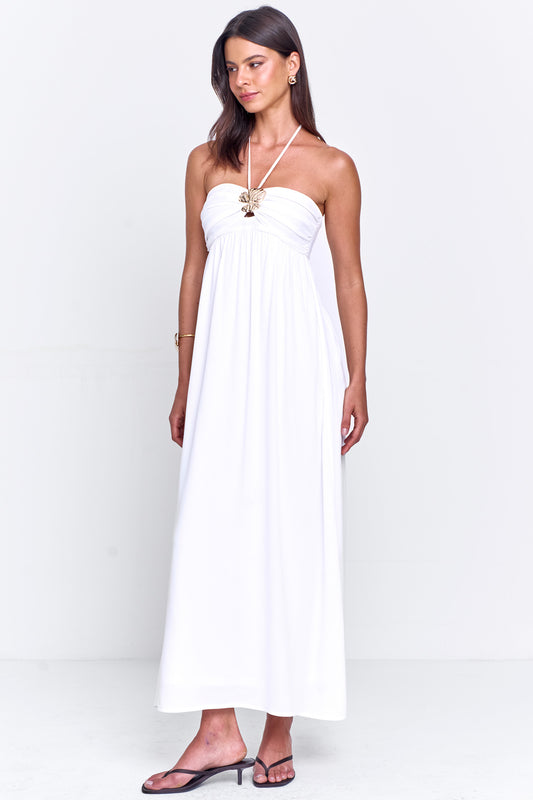 Vestido Viscose com Busto Franzido e Frente única Off White