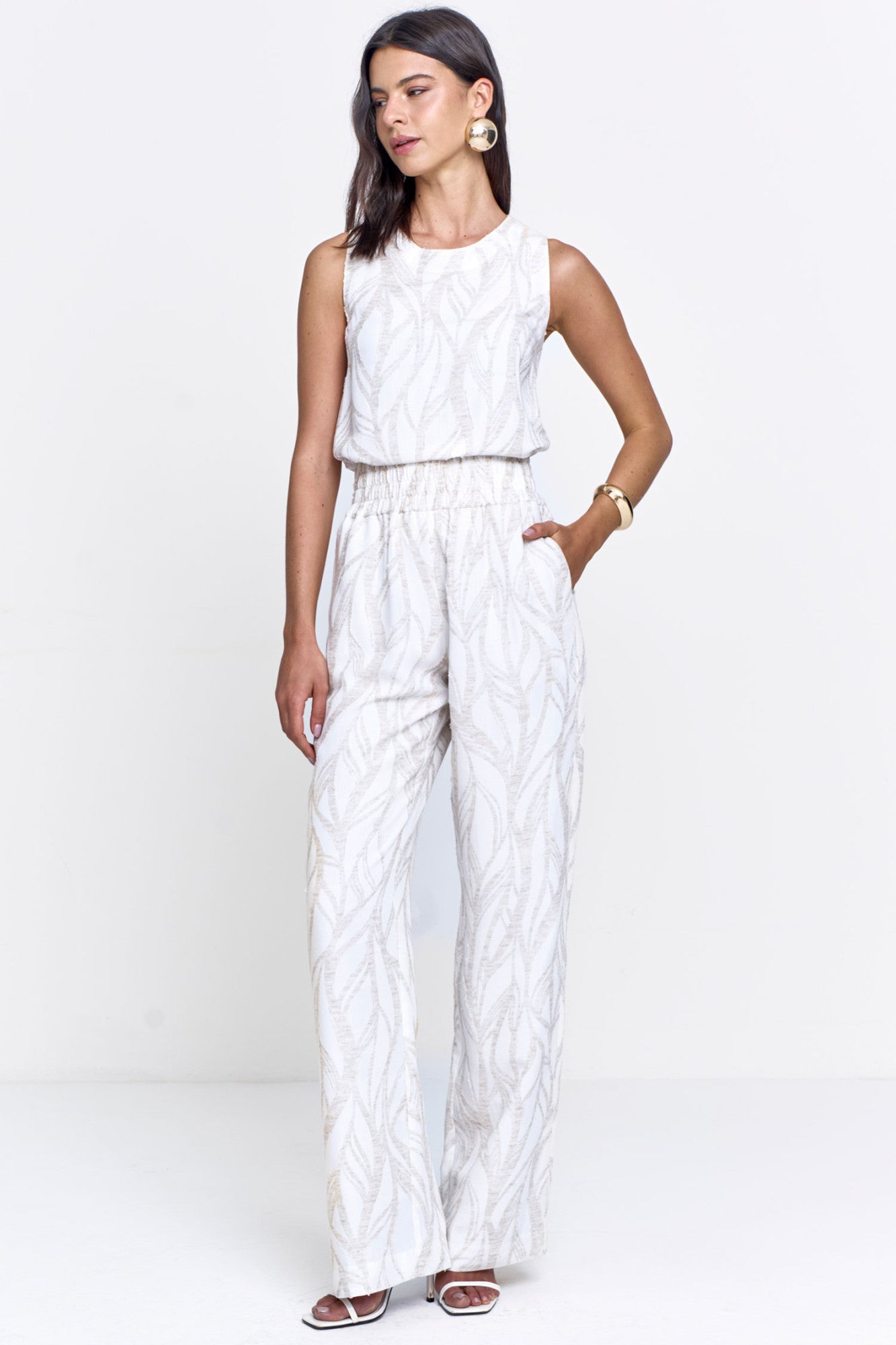 Calça Reta Viscolinho Jacquard com Bolsos Natural