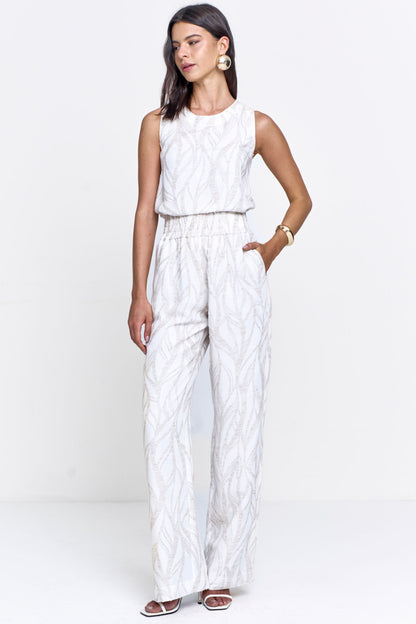 Calça Reta Viscolinho Jacquard com Bolsos Natural