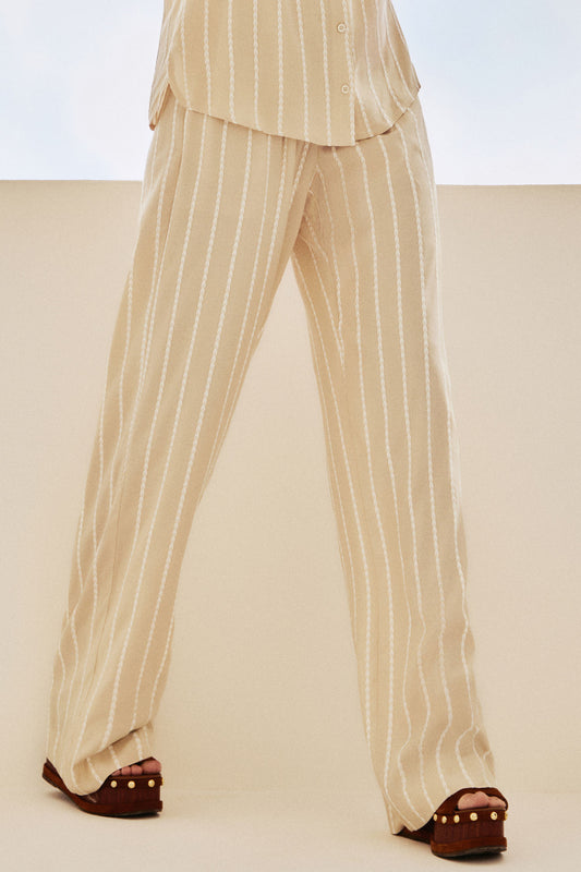 Calça Listrada Bordada Forro Composê Amarelo