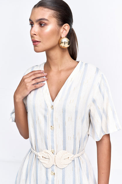 Vestido Linho Misto Stripe Bordado Azul Claro