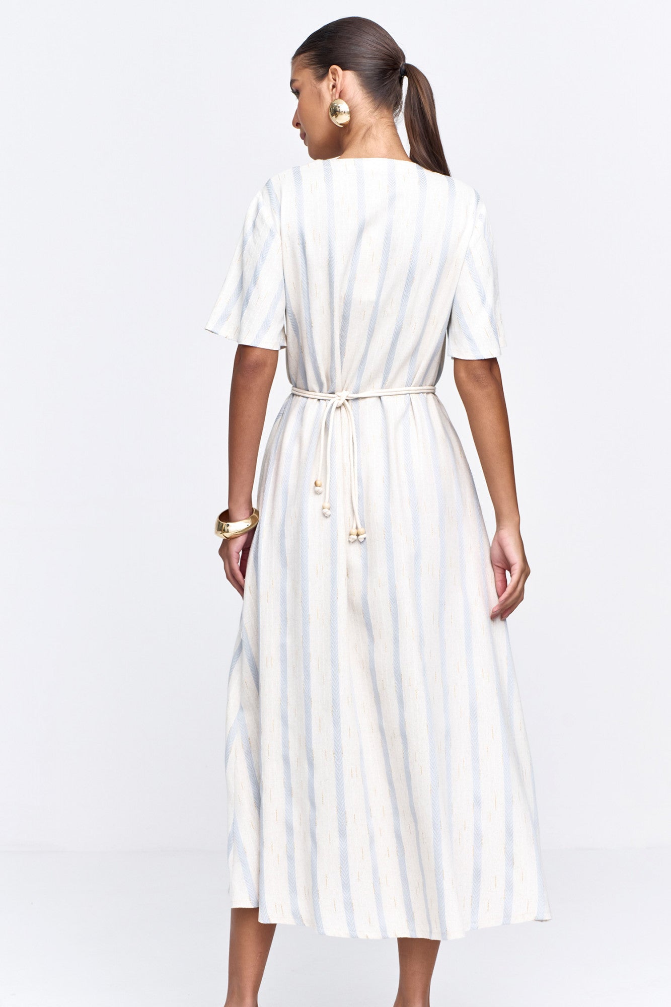 Vestido Linho Misto Stripe Bordado Azul Claro