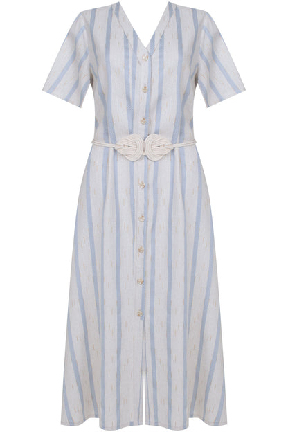 Vestido Linho Misto Stripe Bordado Azul Claro