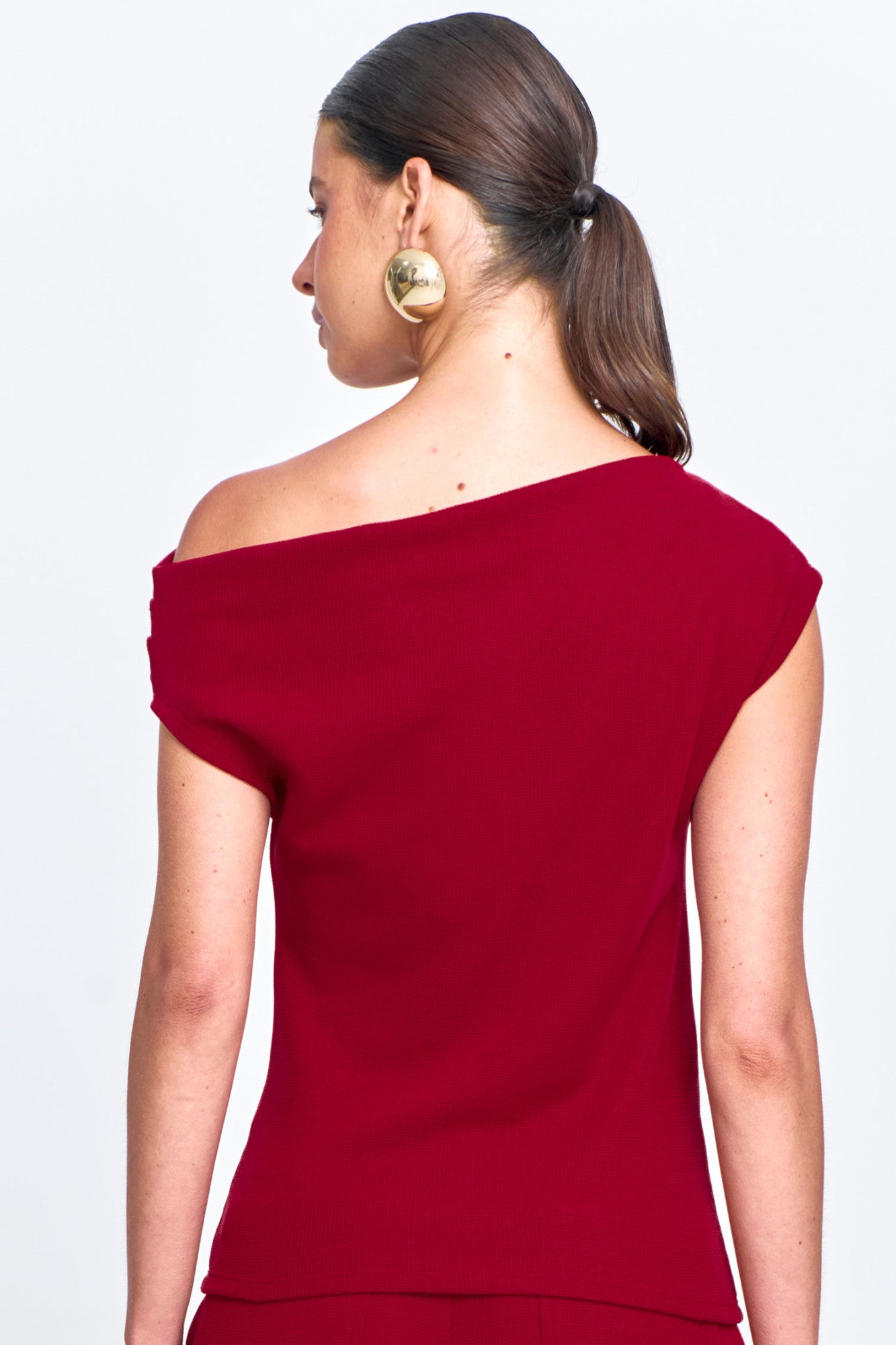 Blusa Malha Piquiet Assimétrica Ombro com Pregas