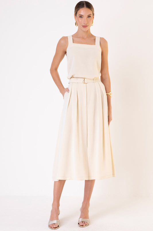 Saia Alfaiataria Cinto Pespontado Bege