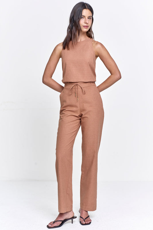 Calça Viscose Maquinetada com Cinto Caramelo