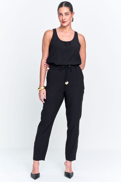 Calça Reta em Alfaiataria com Elástico e Cordão