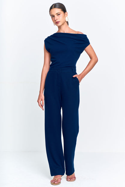 Calça Feminina em Malha Piquet com Bolsos Frontais Marinho