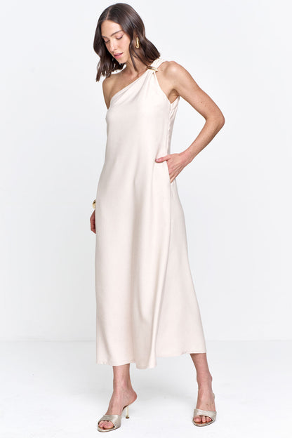 Vestido Midi Alfaiataria Um Ombro Só Marfim