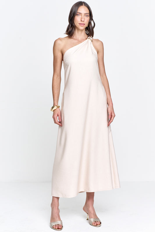 Vestido Midi Alfaiataria Um Ombro Só Marfim