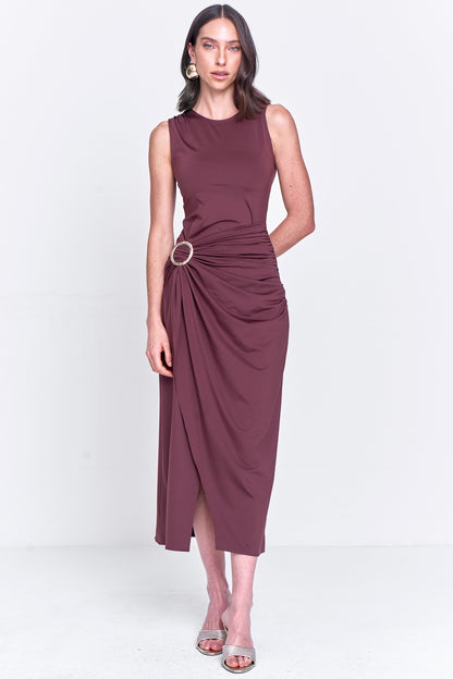 Vestido Malha Transpassado com Fivela Marrom