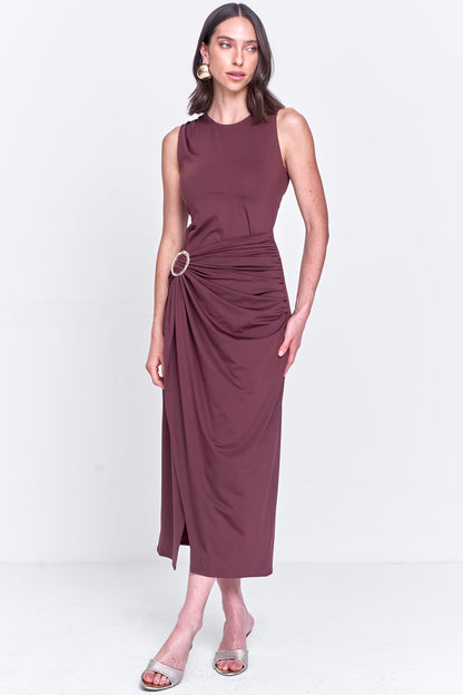 Vestido Malha Transpassado com Fivela Marrom