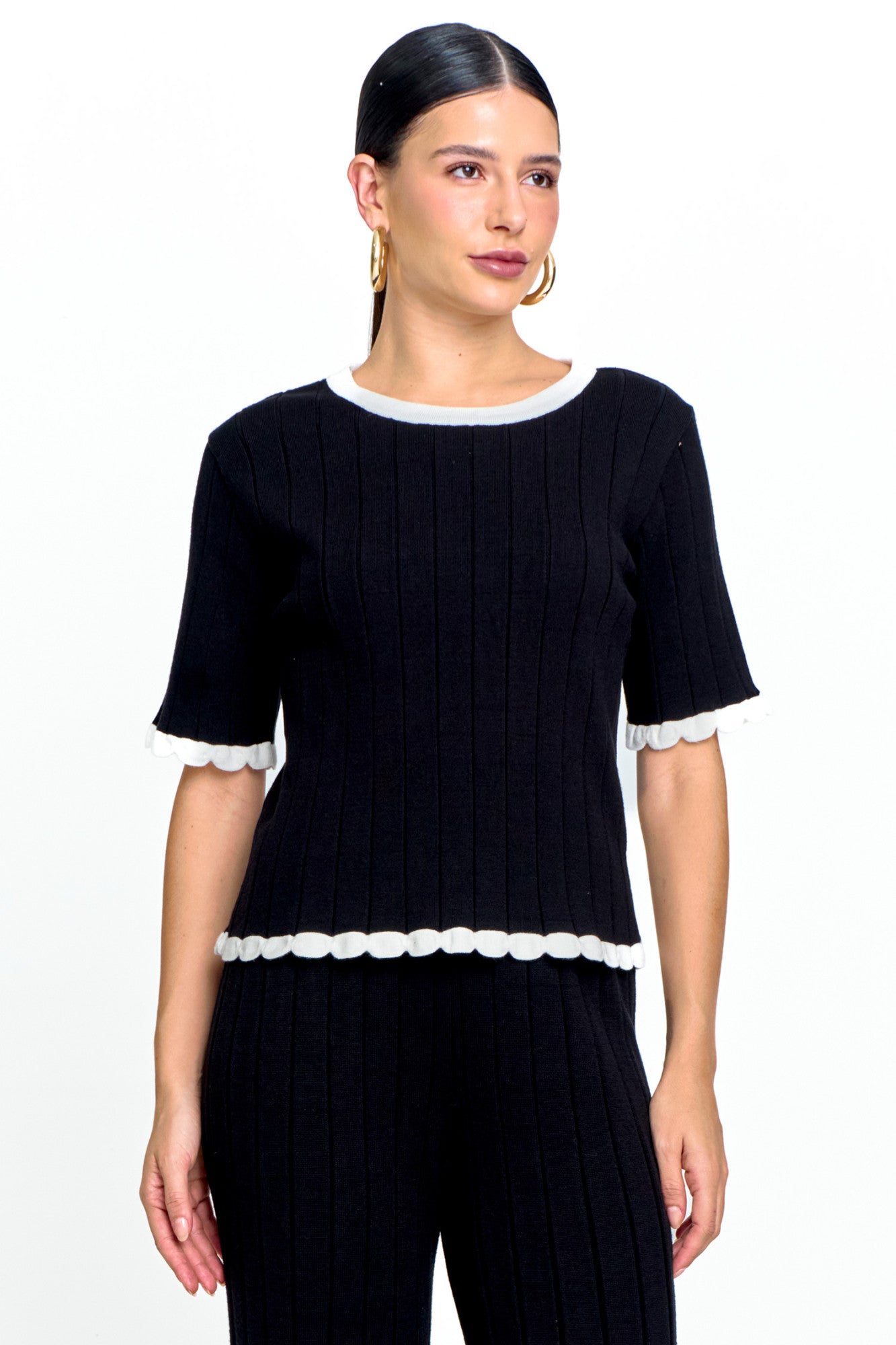 Blusa Tricot Feminina Manga Curta Canelada Gola Redonda