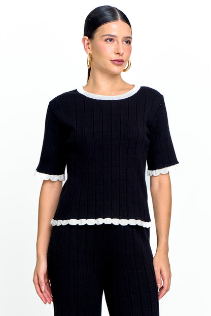 Blusa Tricot Feminina Manga Curta Canelada Gola Redonda
