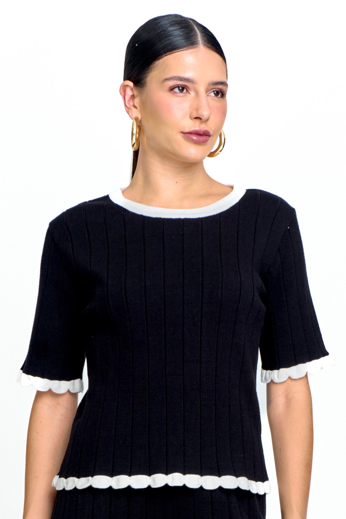 Blusa Tricot Feminina Manga Curta Canelada Gola Redonda