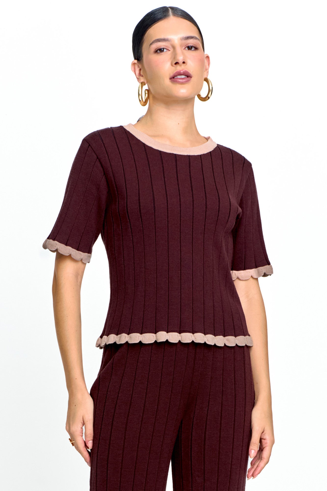 Blusa Tricot Feminina Manga Curta Canelada Gola Redonda