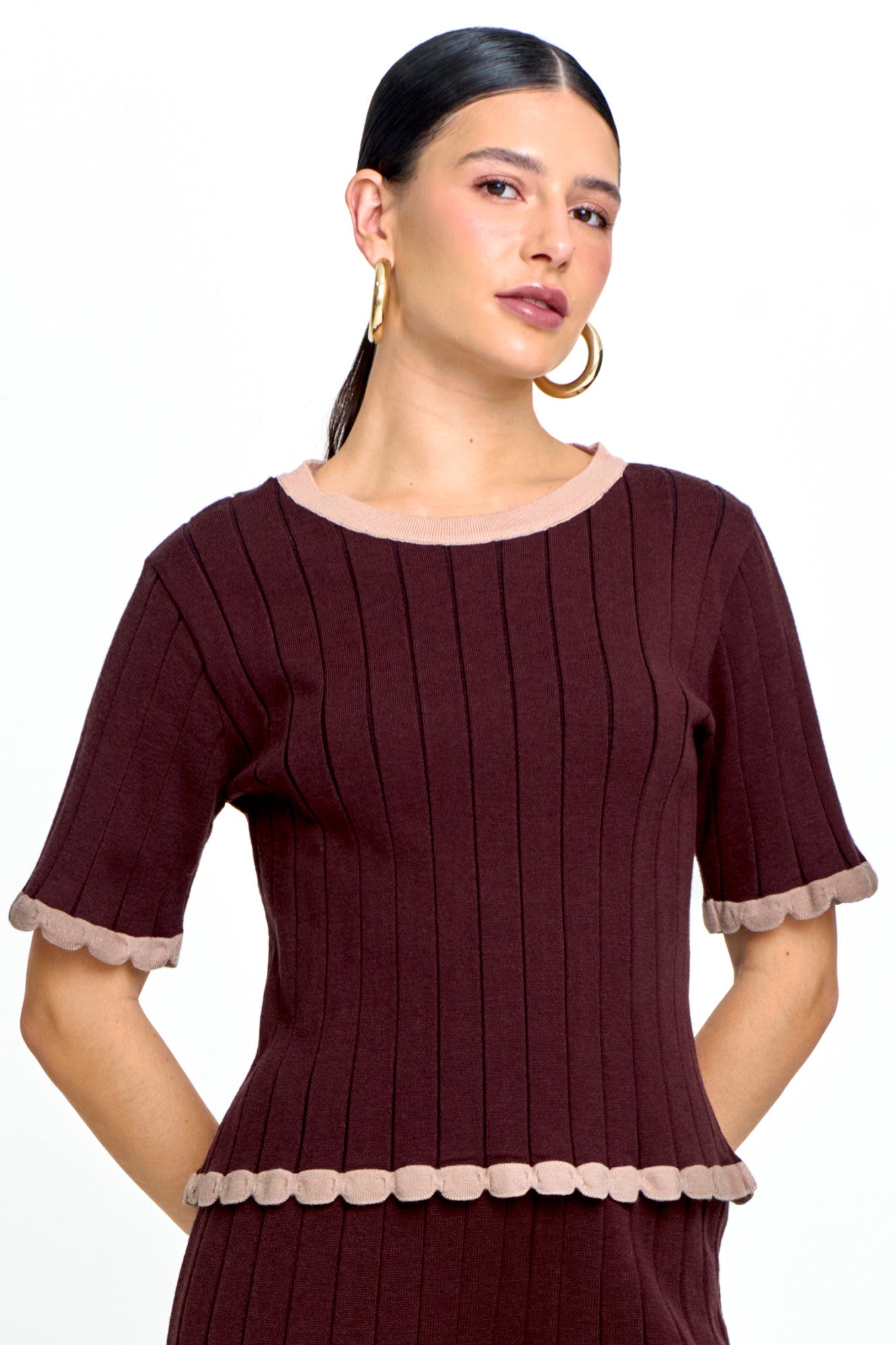 Blusa Tricot Feminina Manga Curta Canelada Gola Redonda